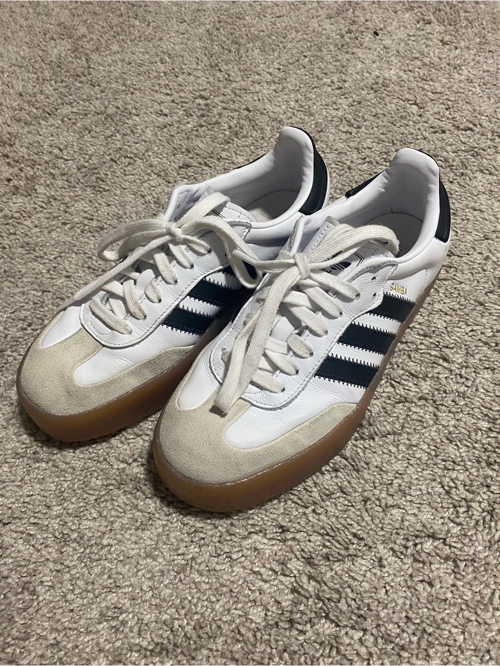 adidas Women’s White Sneakers with Black Stripes and Gum Sole